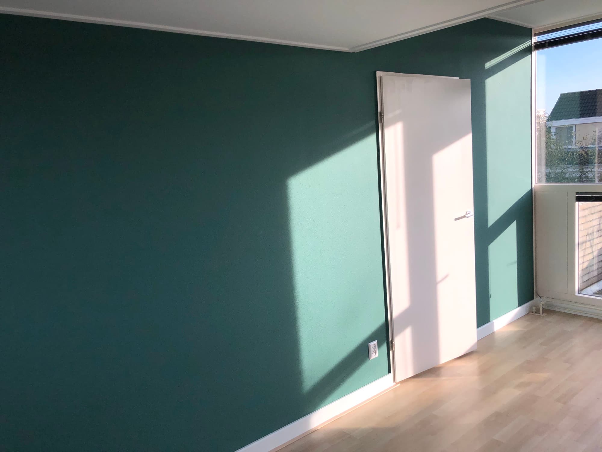 Donkergroene wand in sauswerk, strak afgewerkt door P. Verberg